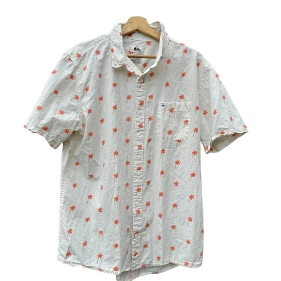 Quicksilver Regular Fit men's large white button down with orange palm trees - Picture 1 of 4